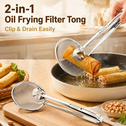 🔥 50% OFF 2-in-1 Stainless Steel Frying Filter Tongs – Clip, Drain & Serve Easily