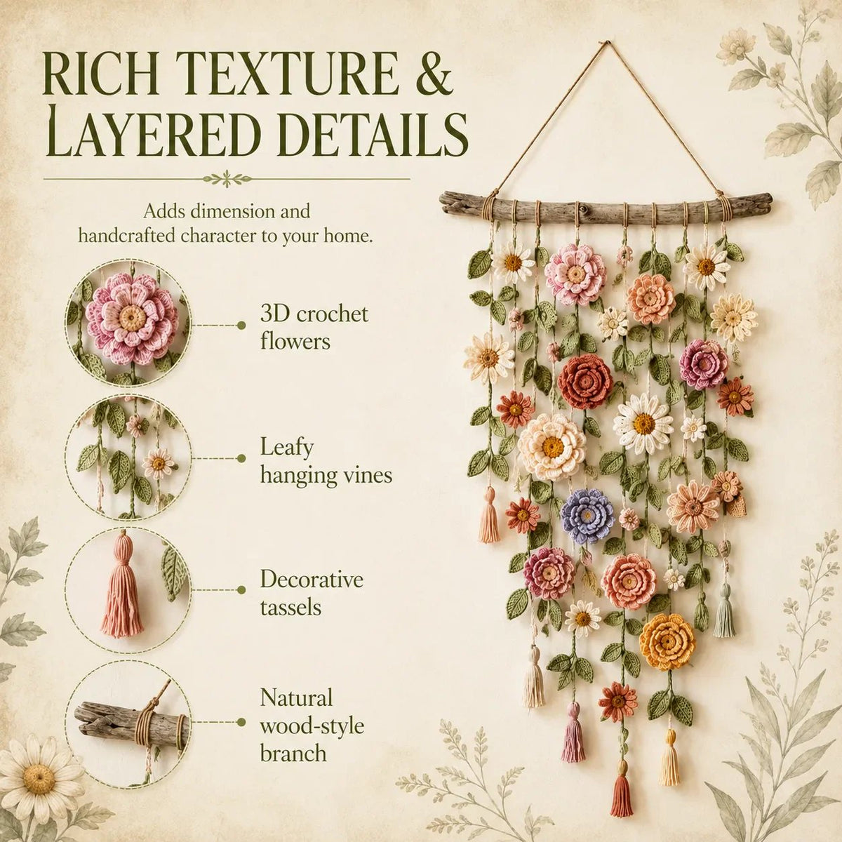 Boho Crochet Flower Wall Hanging Decor